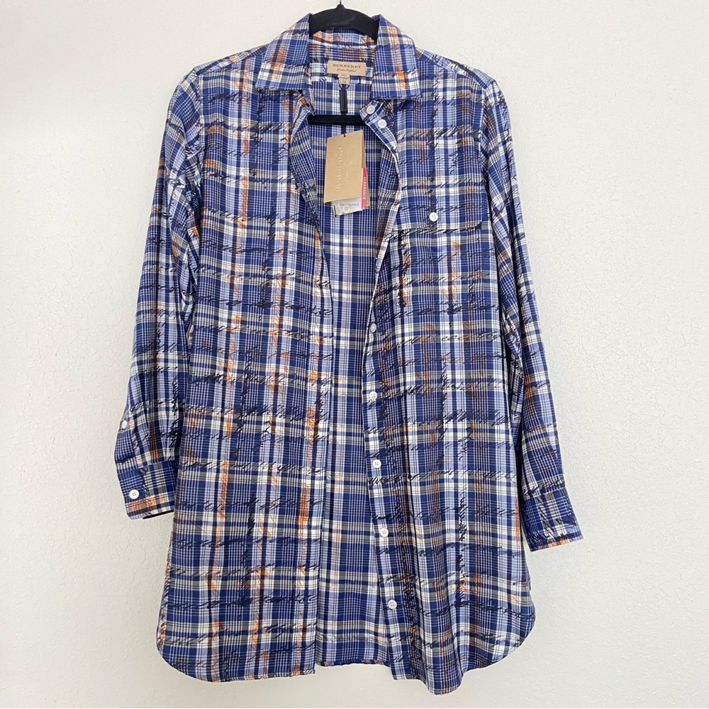 NEW BURBERRY LONDON ENGLAND PLAID SILK BLOUSE SIZE 2